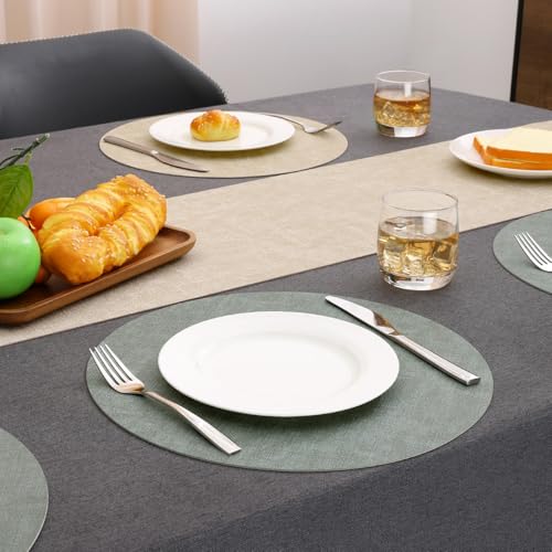 Myir JUN 14" Round Placemats Set of 4, Reversible Dual-Color Place Mats - color: Cream-white Sage Green