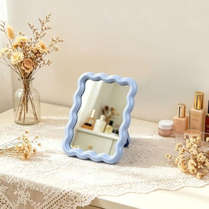 Wave Table Desk Vanity Makeup Mirror Small Make Up Office Mirror Blue - color: Blue