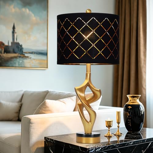 Ruzectt 29" Tall Black and Gold Table Lamp for Living Room, 3 Color Temperatures Bedside Lamp for Bedroom Nightstand, Modern Sculptural Resin Lamp with Grid Shade (1 LED Bulb Included) - color: Black & Gold (1 Pack)