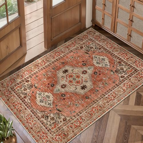 Tangsoo Boho Small Area Rug, 2x3 Washable Throw Rugs for Entryway, Non Slip - color: Terracotta/Tan, size: 2' X 3' (Rectangular)