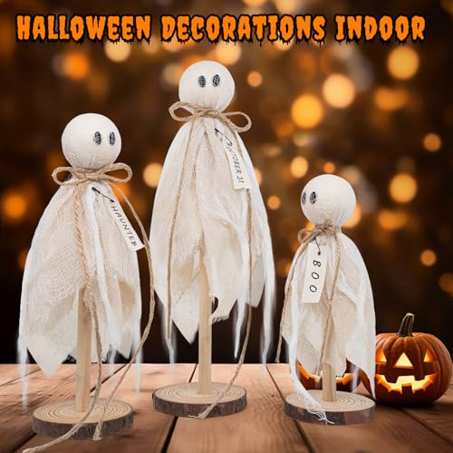 Wooden Ghost Halloween Decorations Indoor– Set of 3 Sizes Rustic Shelf Sitters with Fabric Ghost Figures – Halloween Table Decor for Tiered Tray, Mantel, Halloween Party Supplies（White） - color: White