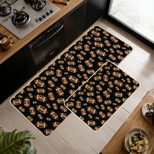 American Football Rug Sport Kitchen Mats for Floor,Sports Kitchen Rug Set of 2 Non Slip Washable Floor Mats Rubber Runner Rugs Standing Mat Area Rugs Runner for Sink,Office,Desk,Bar,17x29+17x47 inch - color: Black Red