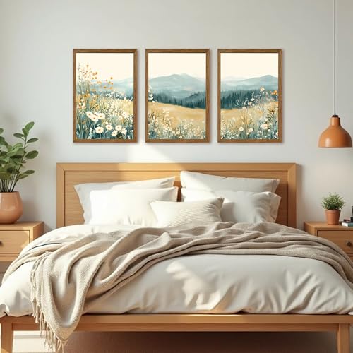 AVECCO 3 Pieces Wildflower Meadow Mountain Framed Canvas Wall Art 16x24 in - color: Mountain flowers, size: 24"L x 16"W