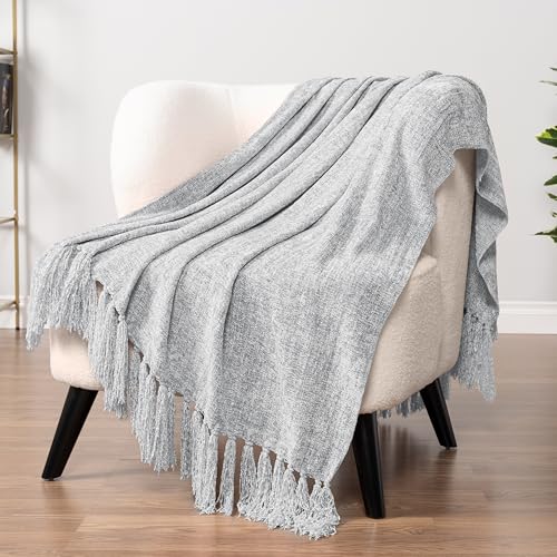 PAVILIA Chenille Throw Blanket Knit Twin Size Tassel Throw Light Grey 60x80 - color: Light Grey, size: 60 X 80 Inches - Twin