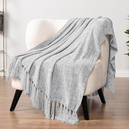 PAVILIA Chenille Throw Blanket Knit Twin Size Tassel Throw Light Grey 60x80 - color: Light Grey, size: 60 X 80 Inches - Twin