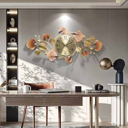 Large Wall Clocks for Living Room Decor with Silent Quartz Movement and 3D Ginkgo Leaf Modern Stylish Decorative Metal Wall Clock for Living Room/Bedroom/Office/Bathroom Wall Art - size: 14''Lx31''W