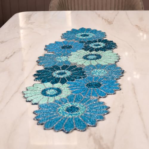 ALPHA Living HOME Blue Beaded Runner 13x36 Inch Glass Beads Table Decor - color: Teal/Sky Blue