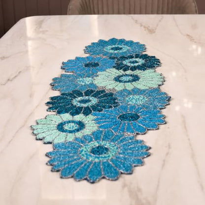 ALPHA Living HOME Blue Beaded Runner 13x36 Inch Glass Beads Table Decor - color: Teal/Sky Blue