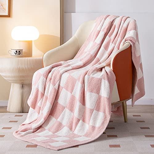 SeaRoomy Fuzzy Checkered Throw Blanket for Couch,Light Pink 60"X79" - color: Light Pink, size: 60"×79"