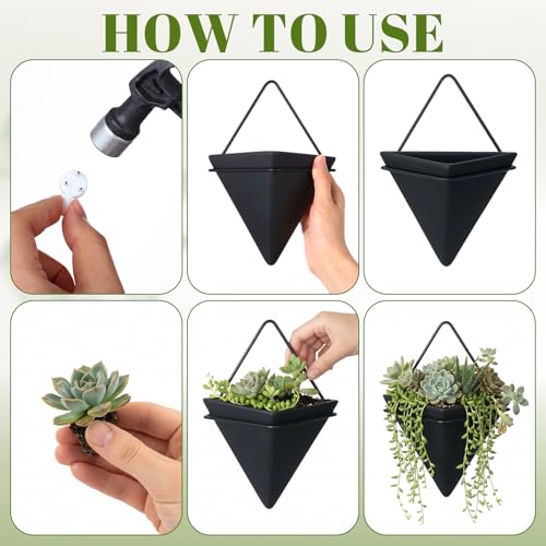 Demissle 5 Pcs Hanging Planter Wall Decor Includes Ceramic Geometric Succulent Planters and Modern Diamond Decorative Mirror with Chain Gold Frame for Living Room Home Indoor Wall Decoration(Black)