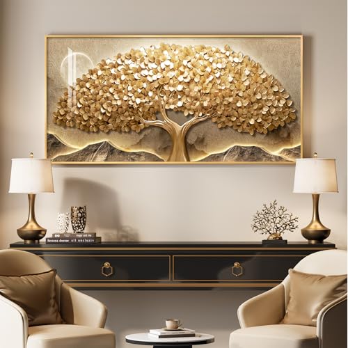 Large Framed Modern Gold Tree of Life Wall Art for Living Room, 30x60 In - color: Warm Gold, size: 60"L x 30"W