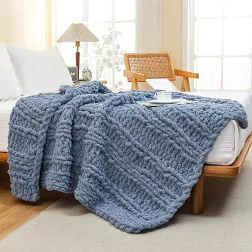 WESHIONGOO Chunky Knit Blanket Throw for Couch Bed 40"×60" Dusty Blue - color: Dusty Blue, size: 40"x60"(Medium Size Throw)
