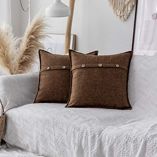 Home Brilliant Set of 2 Decorative Throw Pillow Covers with Buttons Textured Faux Linen Cushion Covers for Bed Couch Sofa Bench, 18x18 inches (45cm), Brown - color: Brown, size: 18" x 18" (Pack of 2)