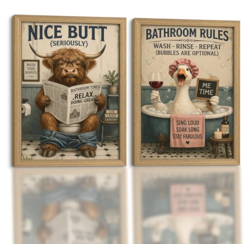Framed Fun Cow And Goose Canvas Wall Art Poster Prints 12×16In 2p Be Hung - color: bathroom-8, size: 12×16in