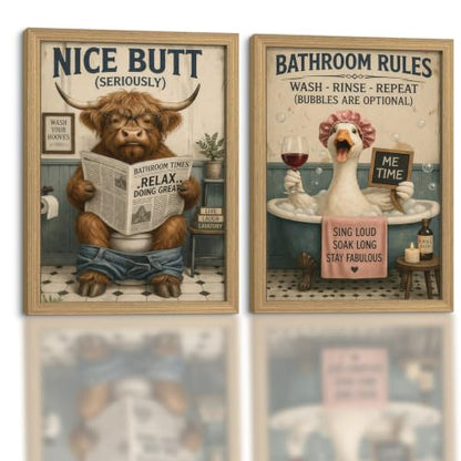 Framed Fun Cow And Goose Canvas Wall Art Poster Prints 12×16In 2p Be Hung - color: bathroom-8, size: 12×16in