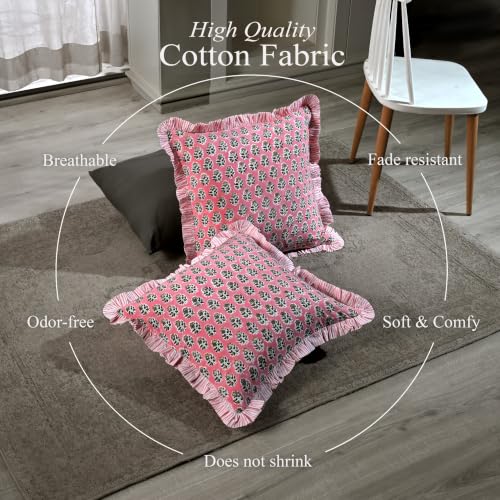 CPC Poppy Pink Block Print Ruffle Pillow Cover 16x16 Inch, Pack of 2 - color: Poppy Pink, size: 16" x 16" (Pack of 2)