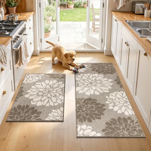 Findosom Kitchen Rugs Sets of 2, Floral Washable Kitchen Runner Rug, Brown - color: Brown, size: 24" x 36" + 24" x 60"