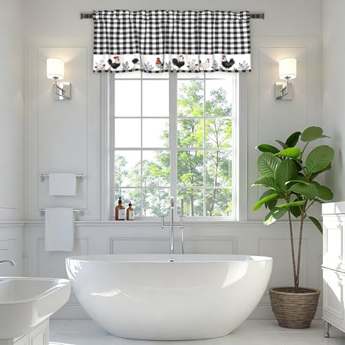 Buffalo Check Plaid Valances for Windows Farmhouse Rooster Kitchen Curtains Rustic White and Black Design Window Treatment Rod Pocket Valances for Kitchen Living Room 54 x 18 Inch, 1 Panel - color: Black and White