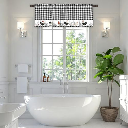 Buffalo Check Plaid Valances for Windows Farmhouse Rooster Kitchen Curtains Rustic White and Black Design Window Treatment Rod Pocket Valances for Kitchen Living Room 54 x 18 Inch, 1 Panel - color: Black and White