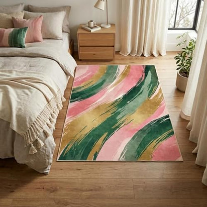 3x5 Pink and Green Area Rug, Modern Abstract Brushstroke Design - color: Pink/Green/Gold, size: 3' x 5' (Rectangular)