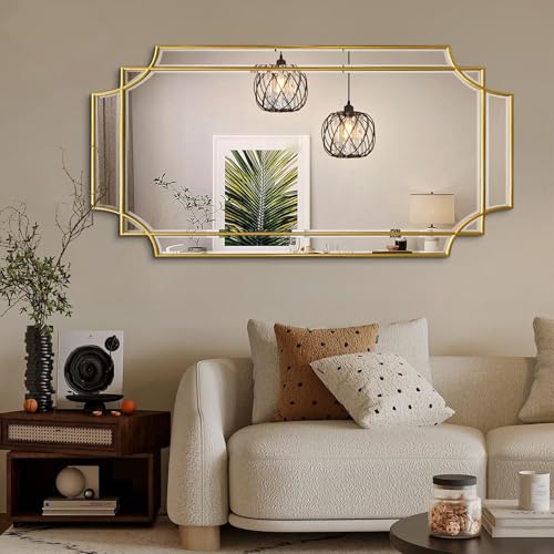 47"x24" Large Gold Rectangle Beveled Mirror with Geometric Frame - color: Gold, size: 47"L x 24"W