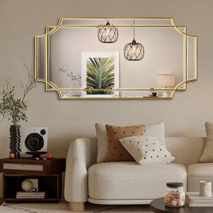 47"x24" Large Gold Rectangle Beveled Mirror with Geometric Frame - color: Gold, size: 47"L x 24"W