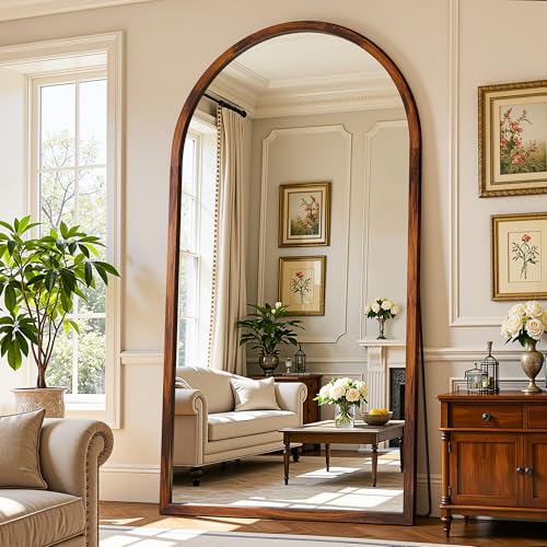 Full Length Mirror 76"×41" Floor Mirror Standing Tall Mirror, Arched Stand up Large Wall Mirrors, Freestanding Full Body Mirrors for Bedroom Living Room Wood Antique Style Walnut - color: Walnut, size: 76"L x 41"W, style: Antique