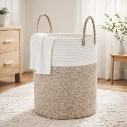 Large 58L Laundry Basket, Woven Rope Laundry Hamper with Reinforced Structure, Collapsible Clothes Storage Bin for Bedroom, Bathroom & Nursery, Durable Blanket & Toy Organizer