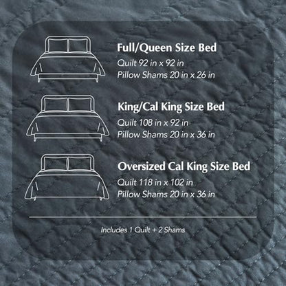 EVERGRACEHOME 100% Cotton Quilt Set Oversized Cal King, Midnight Blue - color: Midnight Blue, size: Oversized Cal King (118" X 102")