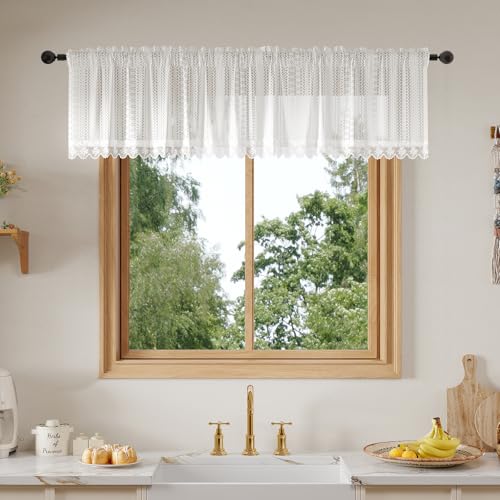 Rinwoc White Lace Semi-Sheer Valance Curtains – Vintage Boho Lace Valances for Kitchen/Bedroom, Privacy Light Filtering Rod Pocket Window Treatment, Elegant Pattern Valance, 1 Panel, 52W x 36L Inch - color: White Star, size: 52"W x 36"L (Pack of 1)
