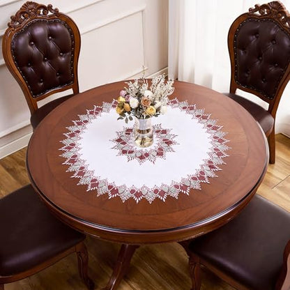 White Dark Red Linen Lace Doily 33" Round Coffee Table Topper - color: Dark Red, size: 33” Round