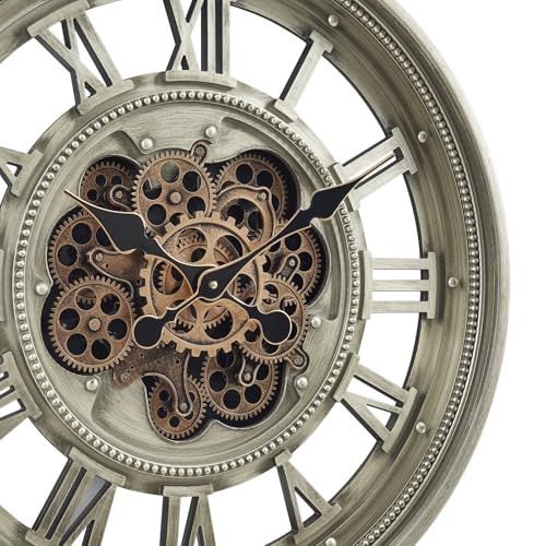 CLXEAST 24" Moving Gear Wall Clock for Living Room, Antique Champagne | Metal Case, Tempered Glass Lens, SIilent Non Ticking, Industrial Farmhouse Wall Clock for Dinning Room & Home Office - color: 24" Antique Champagne