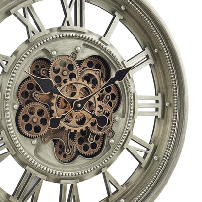 CLXEAST 24" Moving Gear Wall Clock for Living Room, Antique Champagne | Metal Case, Tempered Glass Lens, SIilent Non Ticking, Industrial Farmhouse Wall Clock for Dinning Room & Home Office - color: 24" Antique Champagne