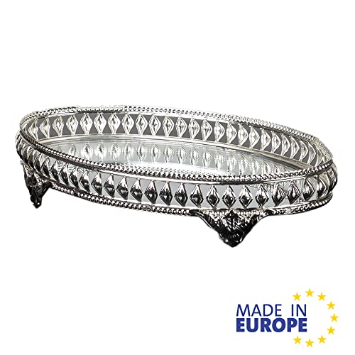 Handmade Jewelry Tray Mirror, Filigree Mirrored Tray for Gift, Oval Metal Vanity Trays for Dressing Table, Fancy Mirror Tray for Perfume (Silver)