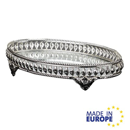 Handmade Jewelry Tray Mirror, Filigree Mirrored Tray for Gift, Oval Metal Vanity Trays for Dressing Table, Fancy Mirror Tray for Perfume (Silver)