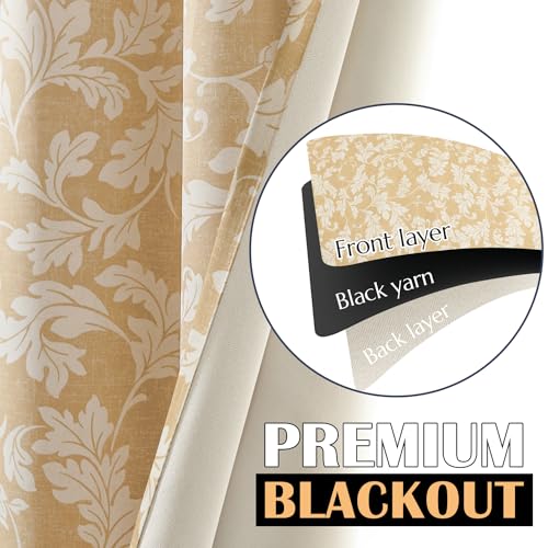 jinchan Brown Floral Curtains 84 Inch Room Darkening Grommet 2 Panels - color: Gold, size: 50"W x 84"L (Pack of 2)