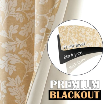 jinchan Brown Floral Curtains 84 Inch Room Darkening Grommet 2 Panels - color: Gold, size: 50"W x 84"L (Pack of 2)