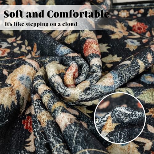 MUJOO 3x5 Rug Washable Floral Area Rugs Non Slip Ultra-Thin - color: Black, size: 3' x 5' (Rectangular)