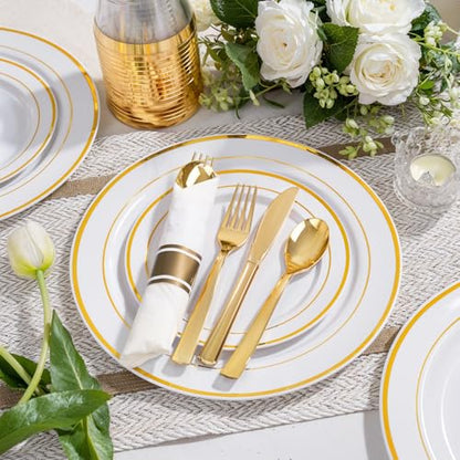 WELLIFE Disposable Plates & Gold Silverware Set, 350 Pieces for 50 Guests - color: Gold, style: 350PCS（50 Guests）