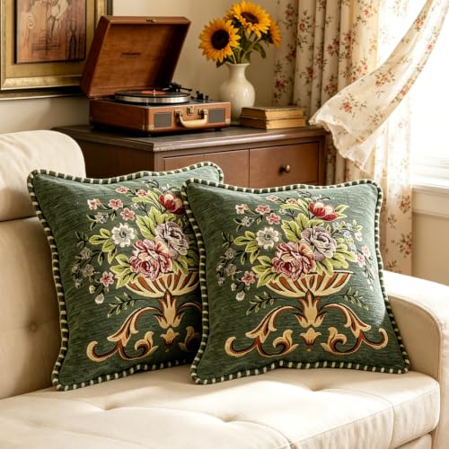 Set of 2 Green Vintage Throw Pillow Covers 18x18 - color: Green