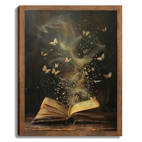 Golden Butterflies Funny Mystical Wall Art Dark Academia book art library decorVictorian Whimsical Enchanted book paintings wall decor Canvas for Bedroom Living Room Home Decor 8x10in Wood Framed - color: Golden Book, size: 10"L x 8"W
