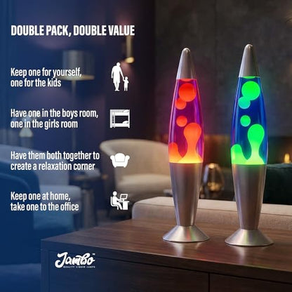 JAMBO 2 Pack- 16" Beautiful Lamp- Blue with Yellow/Green Wax and Purple with Yellow Wax, Relaxing Liquid Lamp, Night Light Nightlight, Lamps for Adults Teens Kid - color: Silver Base, Blue Liquid, Yellow Wax AND Silver Base, Purple Liquid, Yellow Wax
