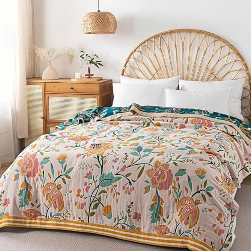Boho Throw Blanket for Bed 100% Cotton Bohemian Blankets Ultra Soft Woven Muslin Decorative Blankets All Seasons Vintage Quilt Knitted Blanket for Sofa Chair(Yellow, 50"x60") - color: P-1--yellow, size: 50"x60"