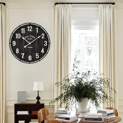 EMAX HOME Large Old Town Farmhouse Black Wall Clock 24 Inch Rustic Antique Wood with Metal Circle and Large Numerals Silent Battery Operated Wall Clock for Office Kitchen Bedroom Living Room - color: Black, size: 24 Inch