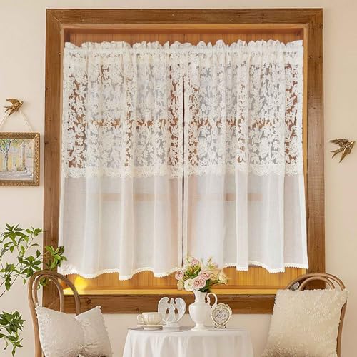 Vintage Beige Embroidered Floral Lace Sheer Curtain Valance for Kitchen - size: 59"W x 35"L (Pack of 1)