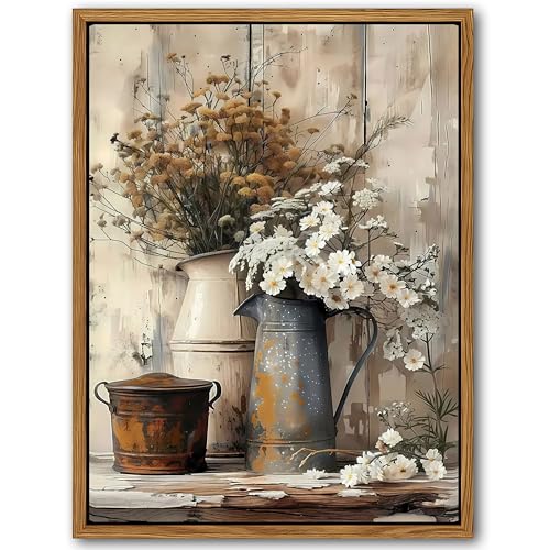 Floating Framed Farmhouse Vintage Canvas Wall Art, Country Floral Daisy Pictures Wall Decor, Wood Grain Art Paintings Poster for Living Room Bedroom Bathroom Rustic Decor 8x10 inch - color: Retro Flowers, size: 10"L x 8"W