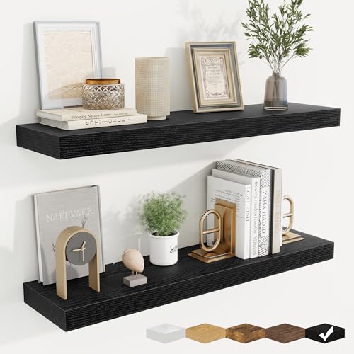 Floating Shelves for Wall, Wall Mounted Wood Shelves, Black, Set of 2, 30in - color: Black, size: 30"W x 6.5"D , 2 Pack