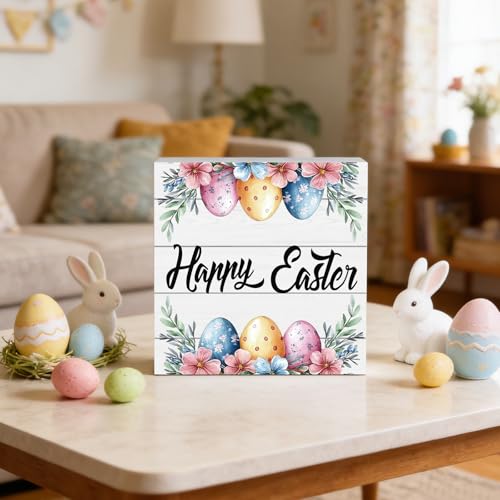 YUNKKIN Easter Table Decorations Easter Decorations Indoor Eggs Flowers Grass Home Room Office Bathroom Wood Box Sign Rustic Wooden Shelf Desk Decor Season Sign House Warming Gifts 5.9 x 5.9 Inch