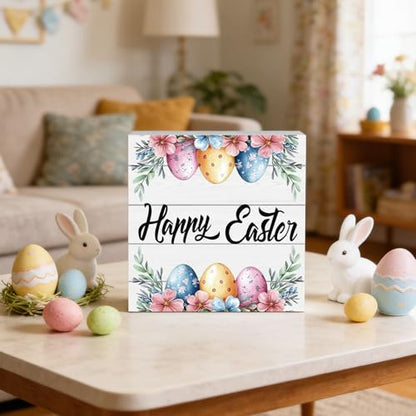 YUNKKIN Easter Table Decorations Easter Decorations Indoor Eggs Flowers Grass Home Room Office Bathroom Wood Box Sign Rustic Wooden Shelf Desk Decor Season Sign House Warming Gifts 5.9 x 5.9 Inch