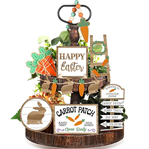 Jetec 12 Pcs Easter Tiered Tray Decor Wooden Carrot Patch Bunny Egg Tiered Tray Items Happy Easter Signs for Spring Home Farmhouse Rustic Kitchen Decorations (Wooden Bunny) - style: Wooden Bunny